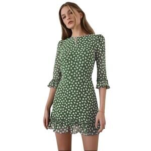 Reformation Doutzen Mini Dress Chiffon Half Sleeves Green With Polka Dots, 0